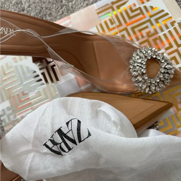 Zara Tan Slingback Heels with Crystal Embellishment size 40 - Picture 5 of 7